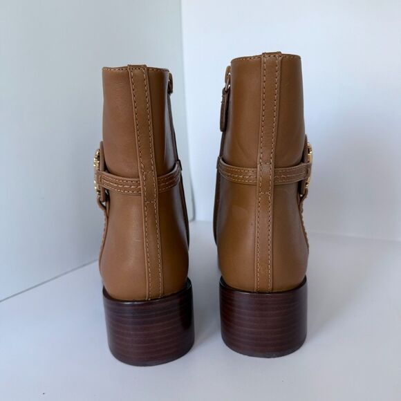 NIB Tory Burch Miller Ankle Booties with Gold Logo Emblem in Dark Tiramisu Brown - Picture 3 of 14